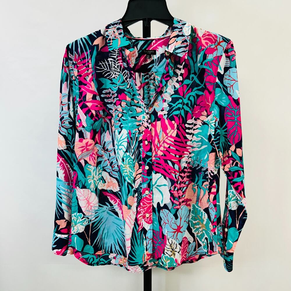 Talbots Women’s Vibrant Print Floral Blouse Shirt Size L Petite Long Sleeve